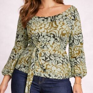 NWT Ninety Brand Mint Green & Olive Floral Balloon Sleeve Blouse with Tie Belt/L
